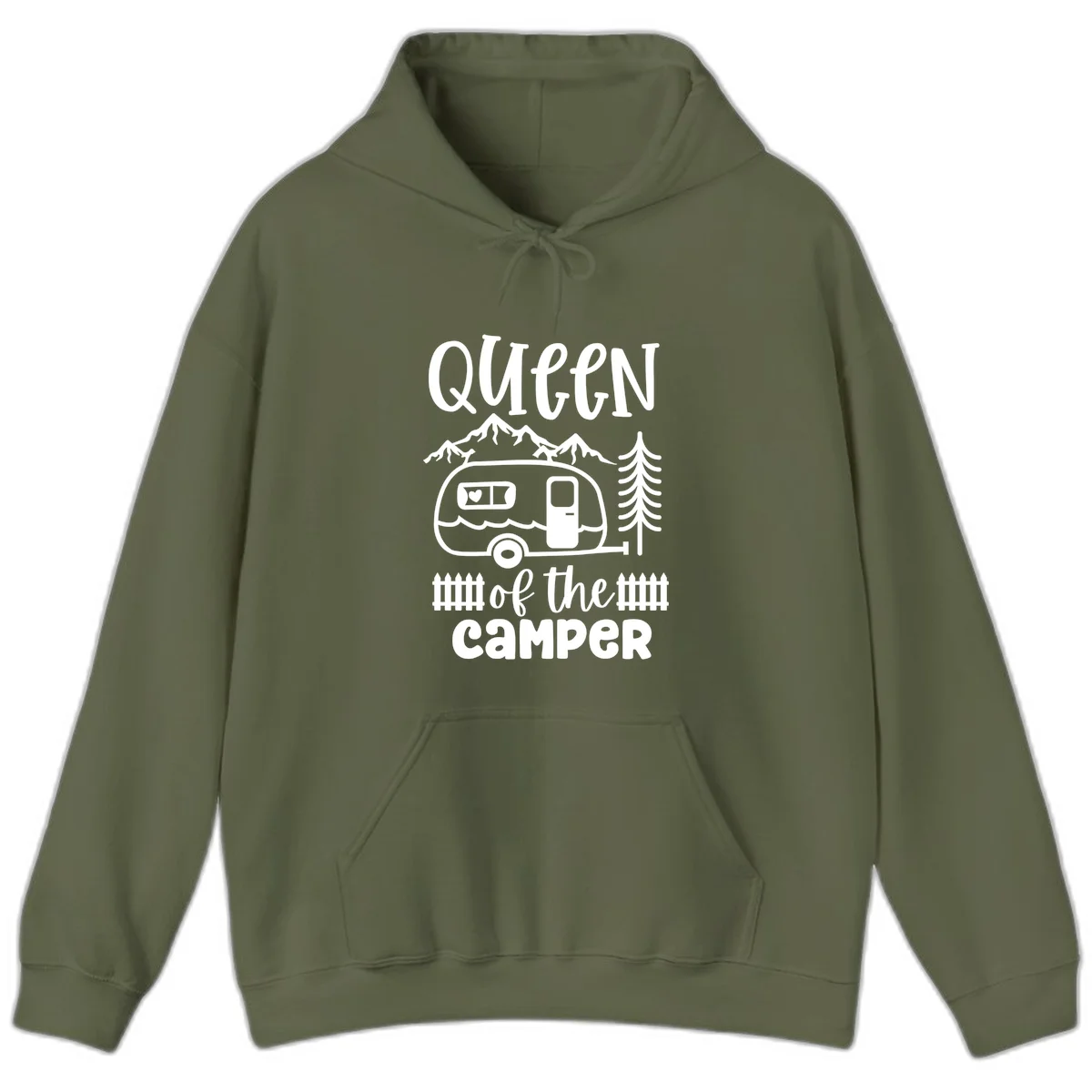 Queen of the Camper design featuring vintage trailer, mountains, and evergreen trees with bold text in Military Green
