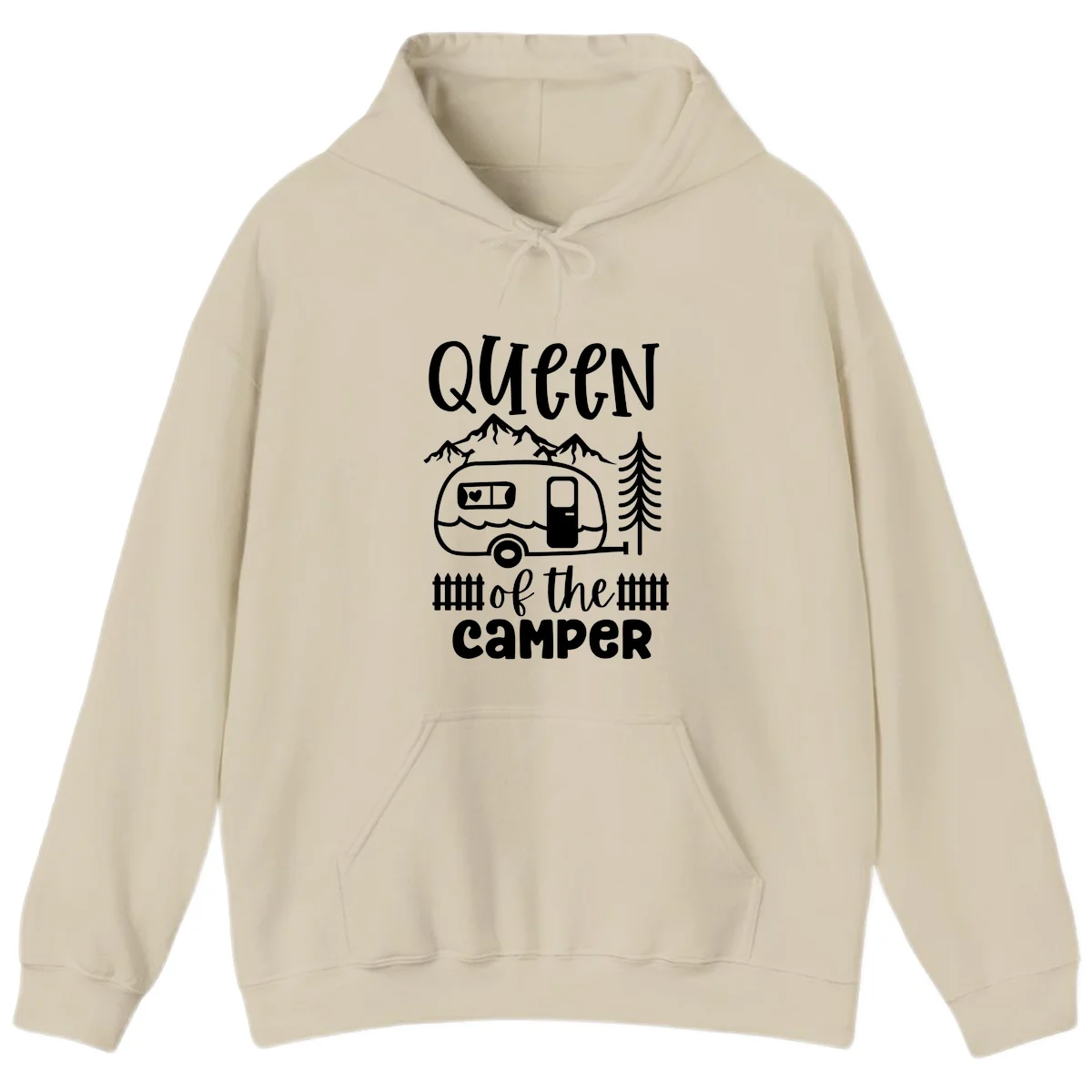 Queen of the Camper design featuring vintage trailer, mountains, and evergreen trees with bold text in Sand