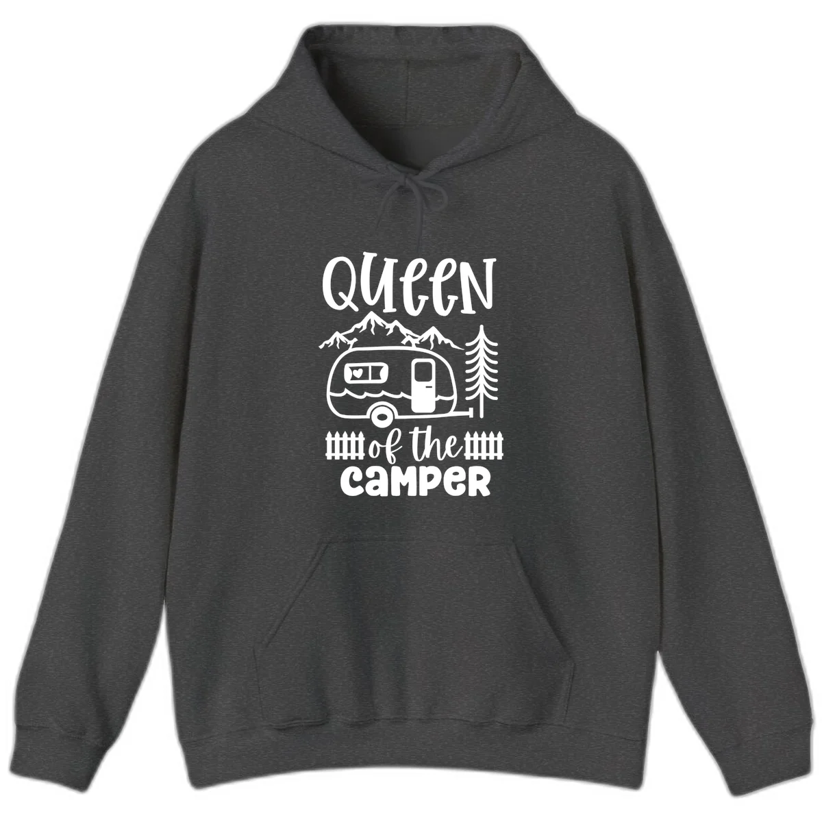 Queen of the Camper design featuring vintage trailer, mountains, and evergreen trees with bold text in Dark Heather