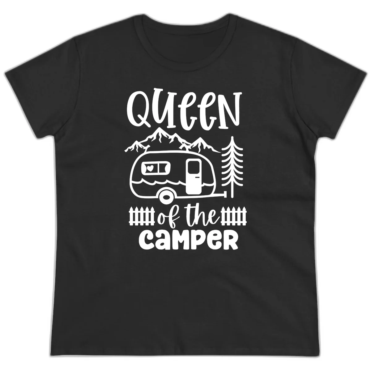 Queen of the Camper design featuring vintage trailer, mountains, and evergreen trees with bold text in Black
