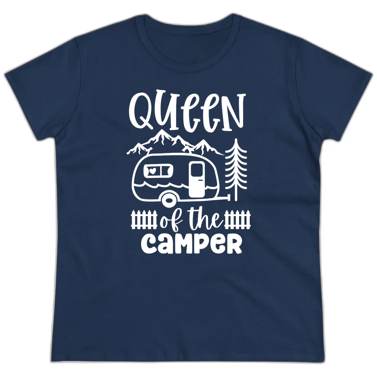 Queen of the Camper design featuring vintage trailer, mountains, and evergreen trees with bold text in Navy