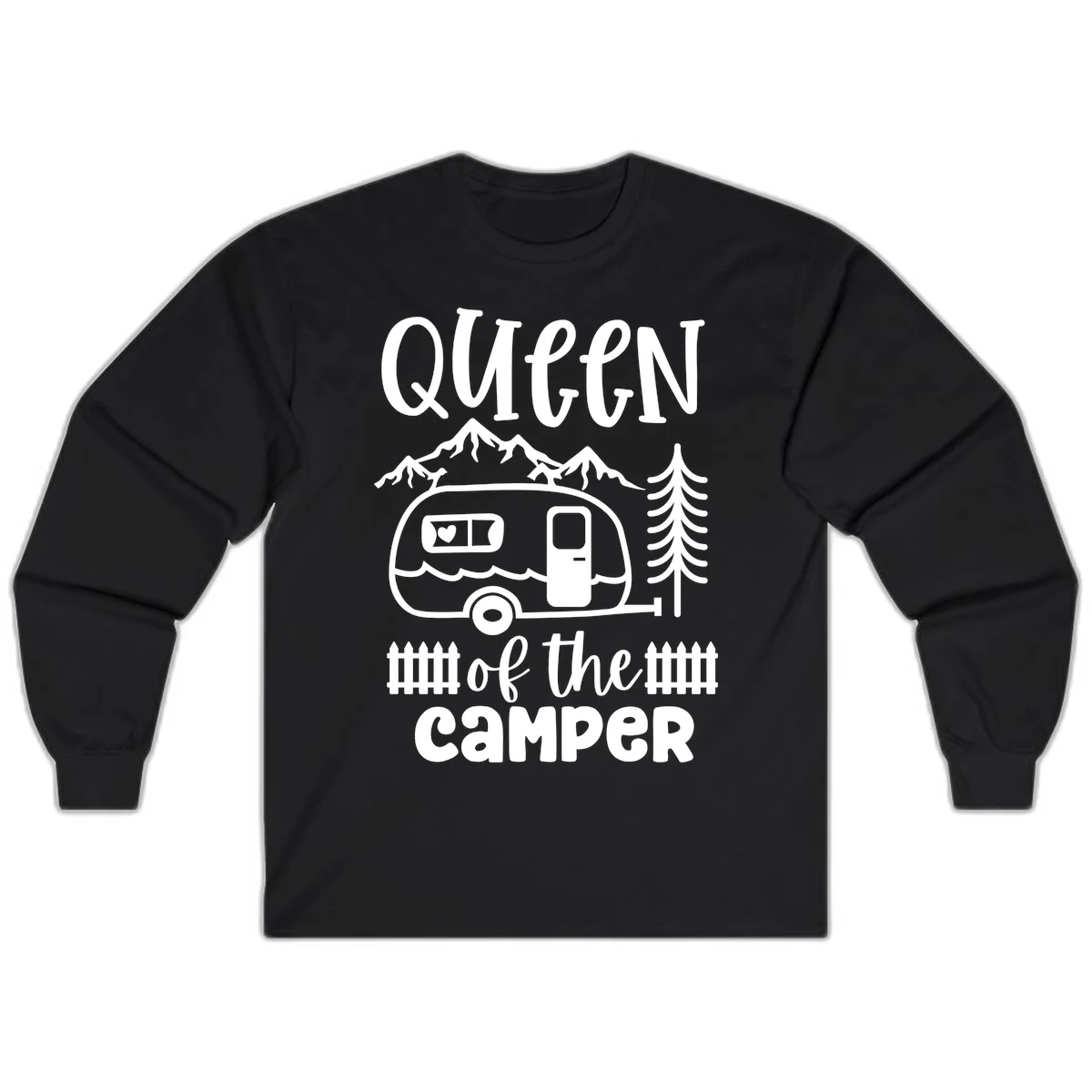 Queen of the Camper design featuring vintage trailer, mountains, and evergreen trees with bold text in Black