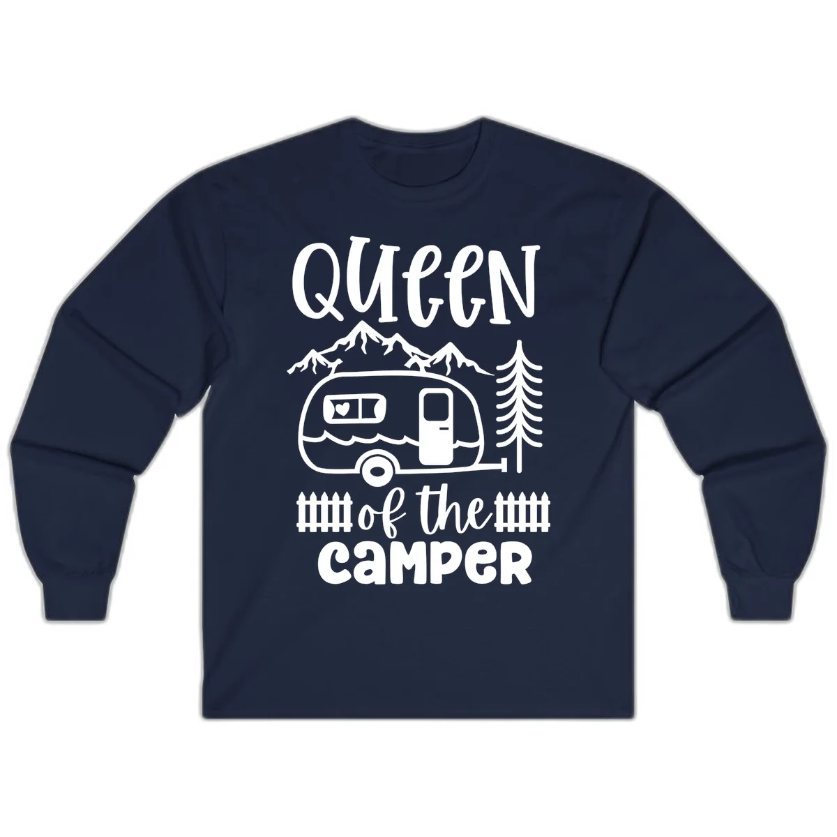 Queen of the Camper design featuring vintage trailer, mountains, and evergreen trees with bold text in Navy