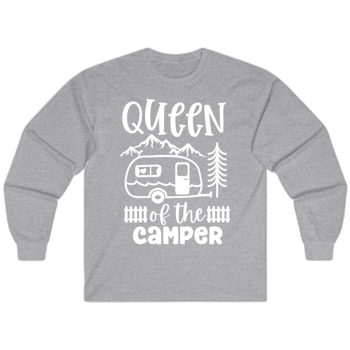 Queen of the Camper design featuring vintage trailer, mountains, and evergreen trees with bold text in Sport Grey