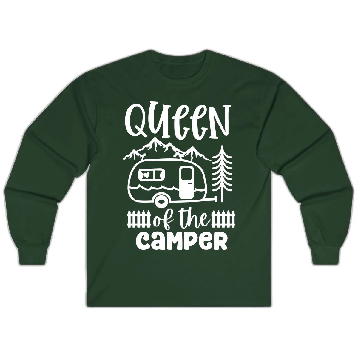 Queen of the Camper design featuring vintage trailer, mountains, and evergreen trees with bold text in Forest Green