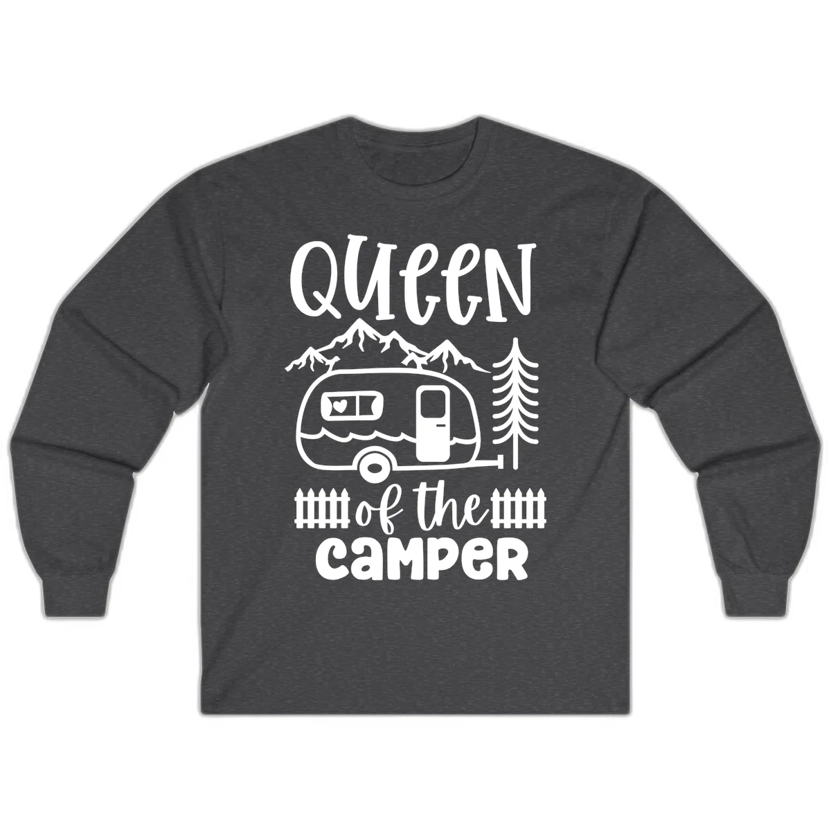 Queen of the Camper design featuring vintage trailer, mountains, and evergreen trees with bold text in Dark Heather
