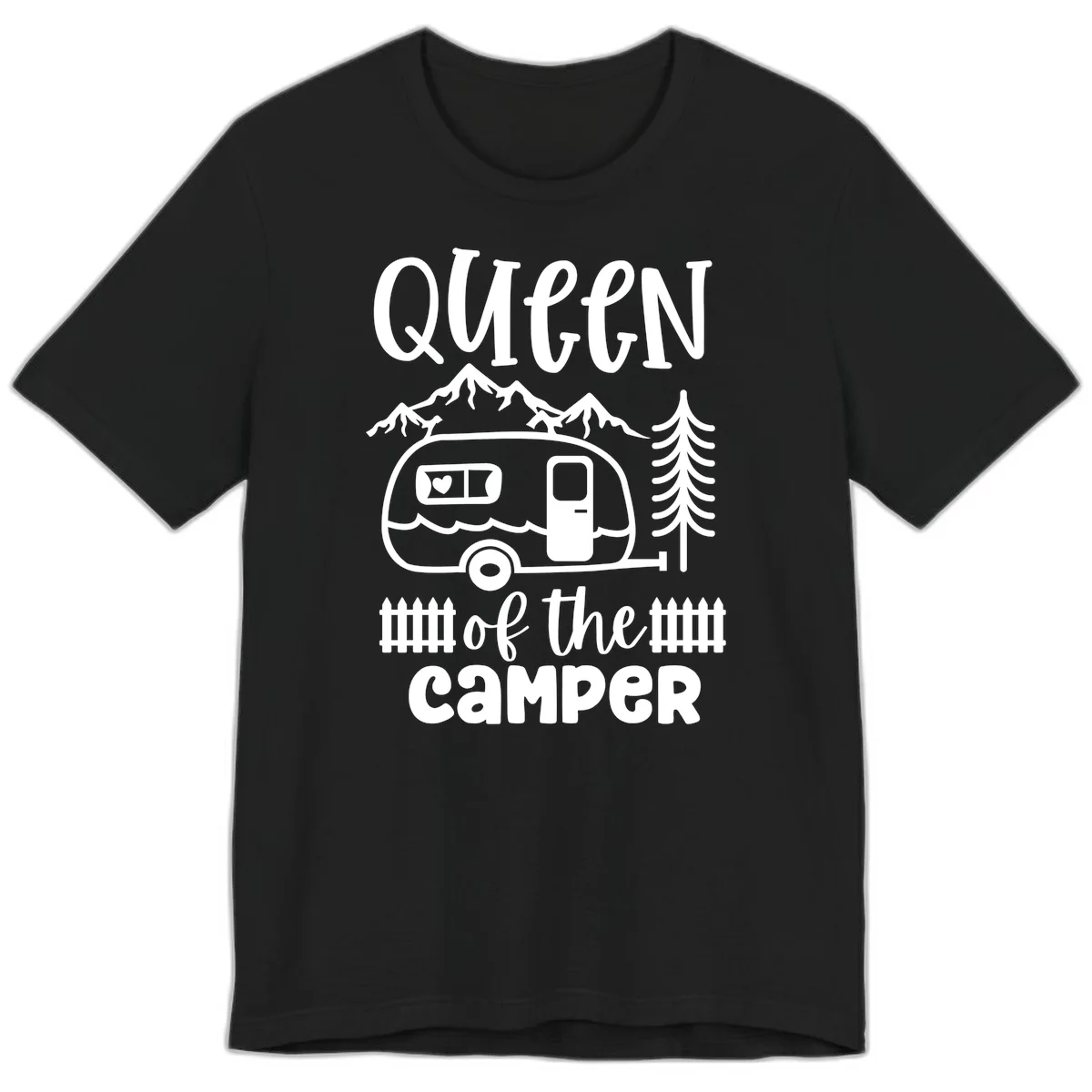 Queen of the Camper design featuring vintage trailer, mountains, and evergreen trees with bold text in Black