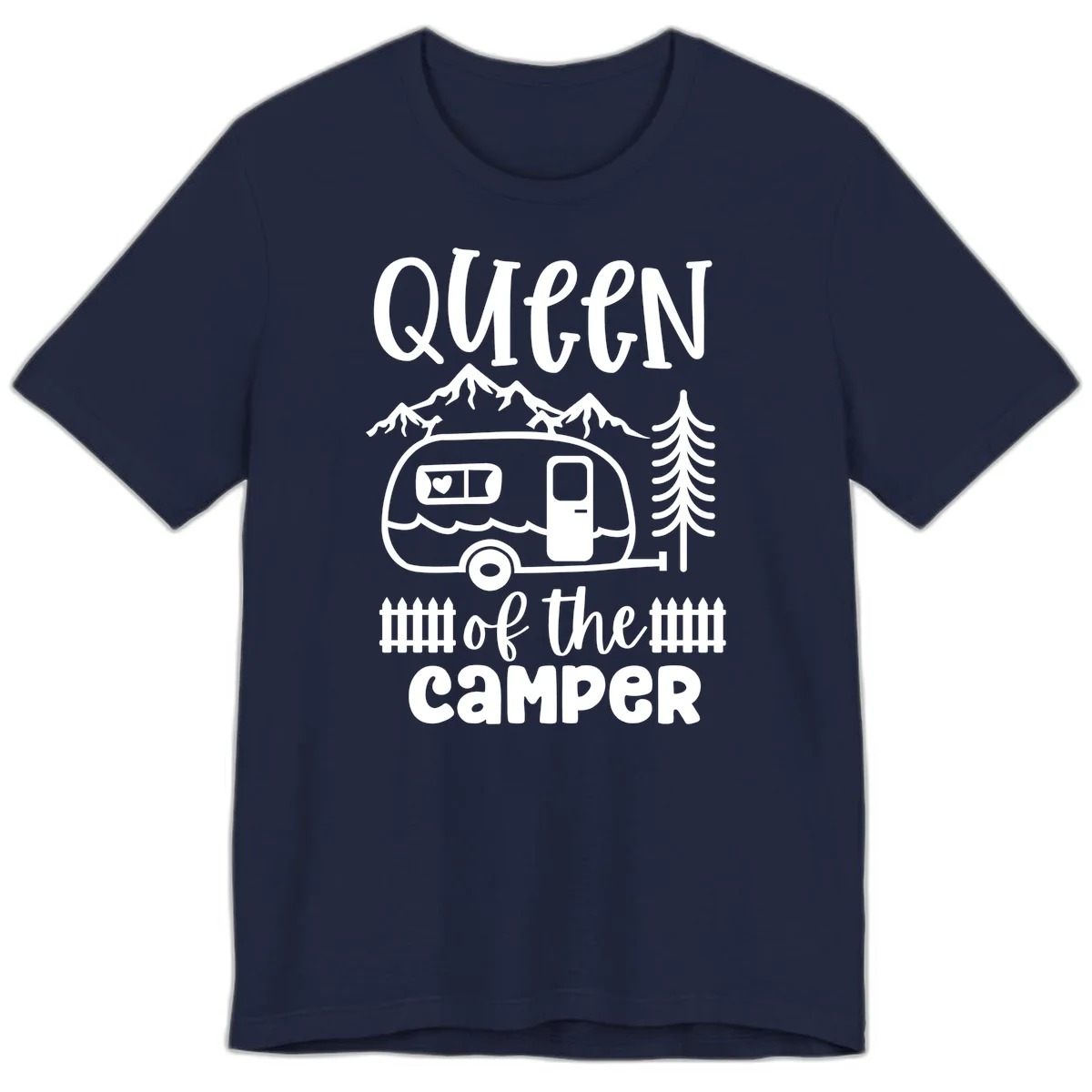 Queen of the Camper design featuring vintage trailer, mountains, and evergreen trees with bold text in Navy