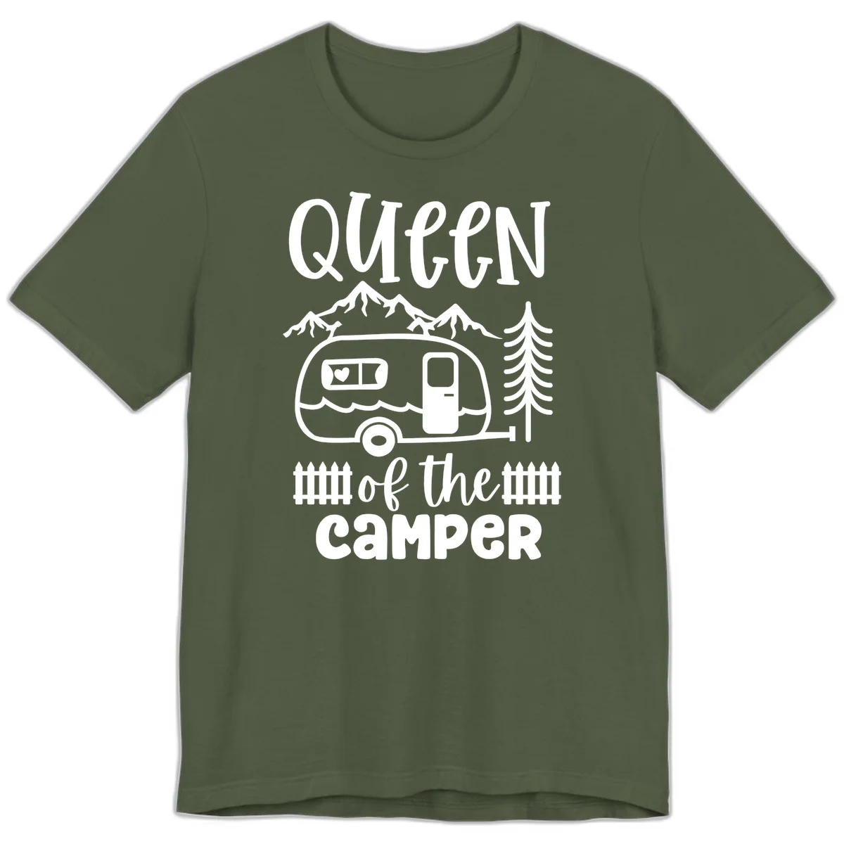 Queen of the Camper design featuring vintage trailer, mountains, and evergreen trees with bold text in Military Green