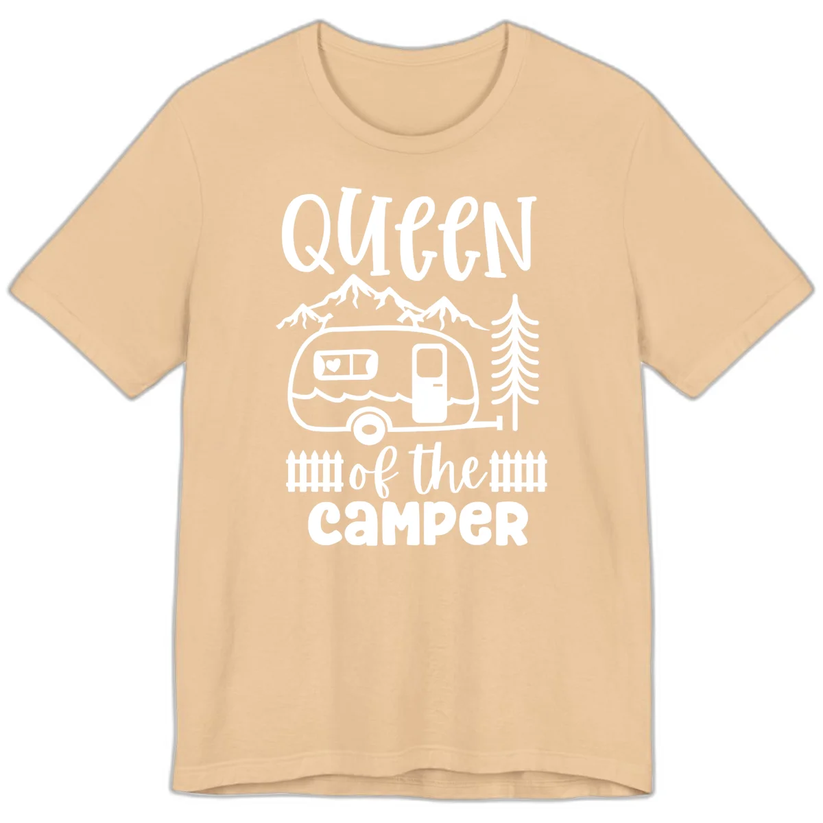 Queen of the Camper design featuring vintage trailer, mountains, and evergreen trees with bold text in Sand Dune