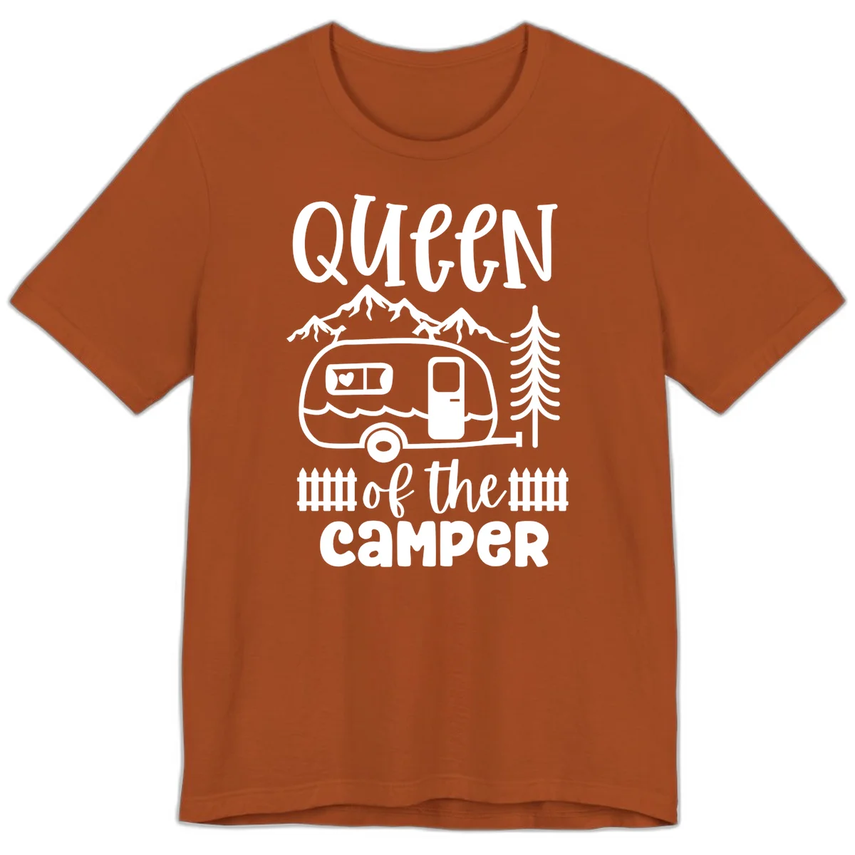Queen of the Camper design featuring vintage trailer, mountains, and evergreen trees with bold text in Autumn