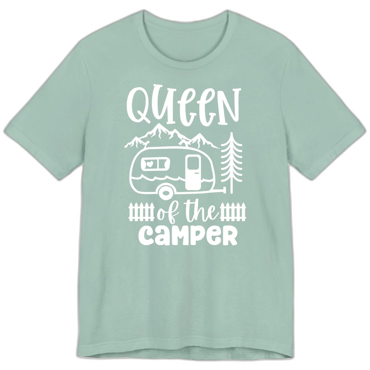 Queen of the Camper design featuring vintage trailer, mountains, and evergreen trees with bold text in Dusty Blue