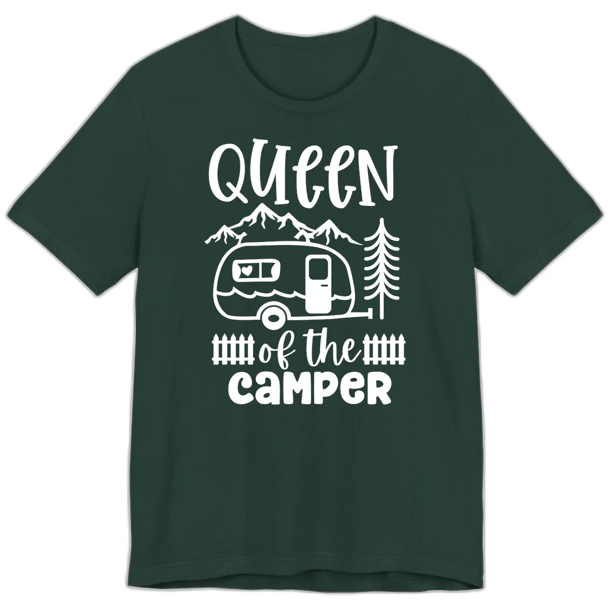 Queen of the Camper design featuring vintage trailer, mountains, and evergreen trees with bold text in Forest