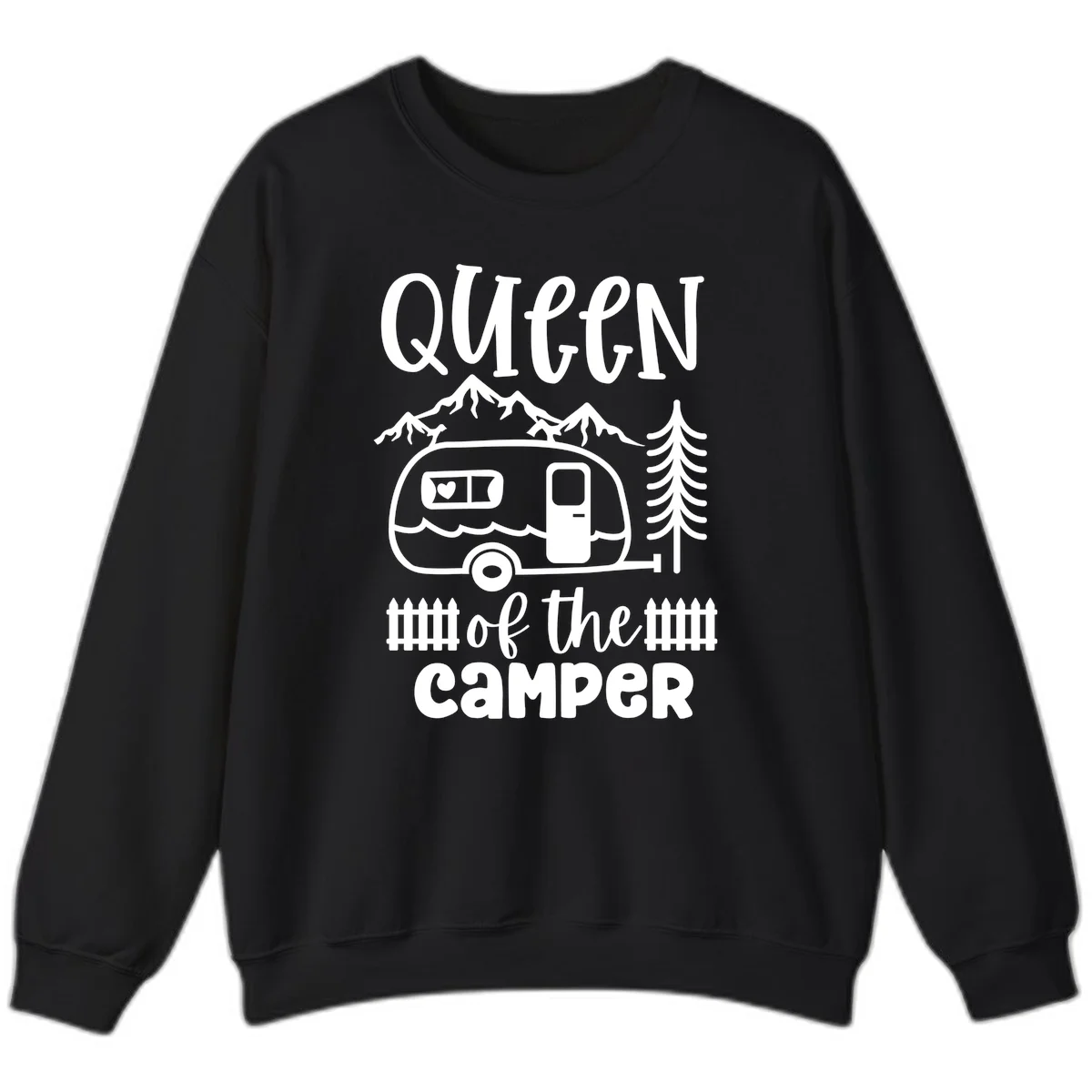 Queen of the Camper design featuring vintage trailer, mountains, and evergreen trees with bold text in Black