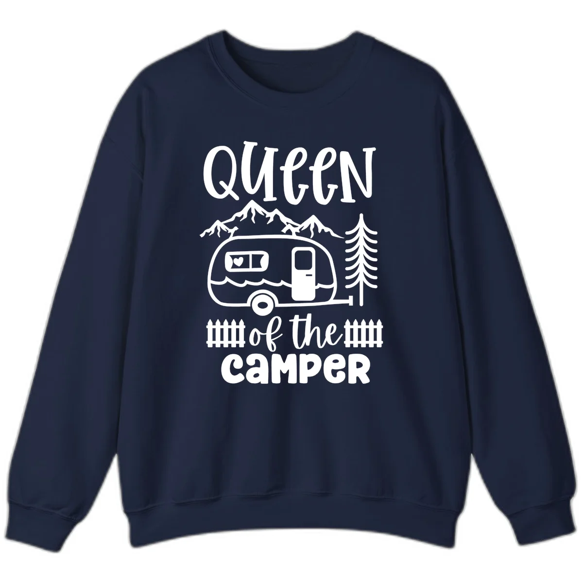 Queen of the Camper design featuring vintage trailer, mountains, and evergreen trees with bold text in Navy