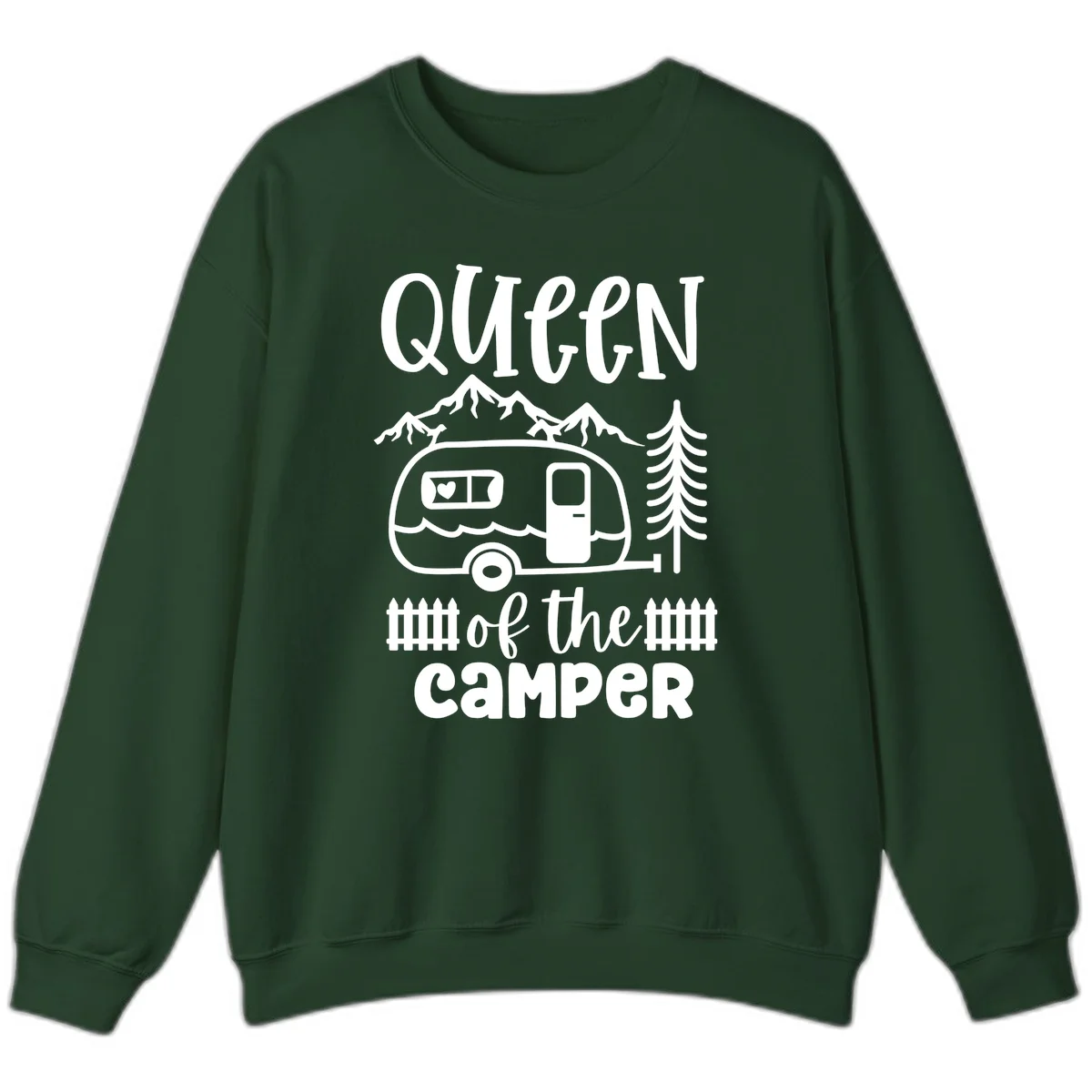 Queen of the Camper design featuring vintage trailer, mountains, and evergreen trees with bold text in Forest Green