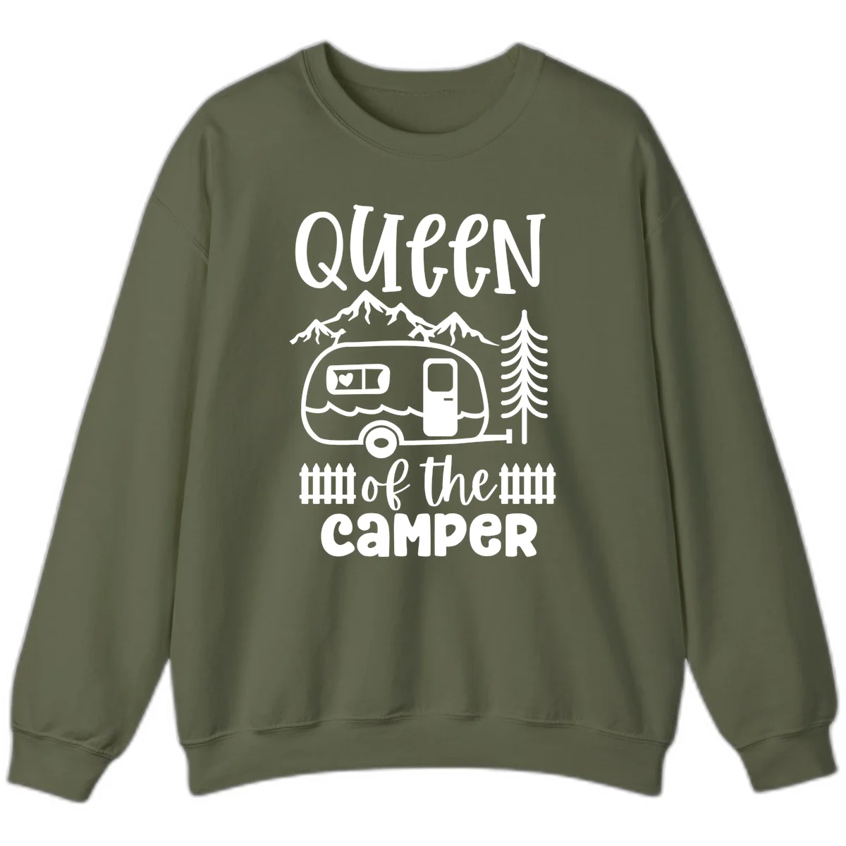 Queen of the Camper design featuring vintage trailer, mountains, and evergreen trees with bold text in Military Green