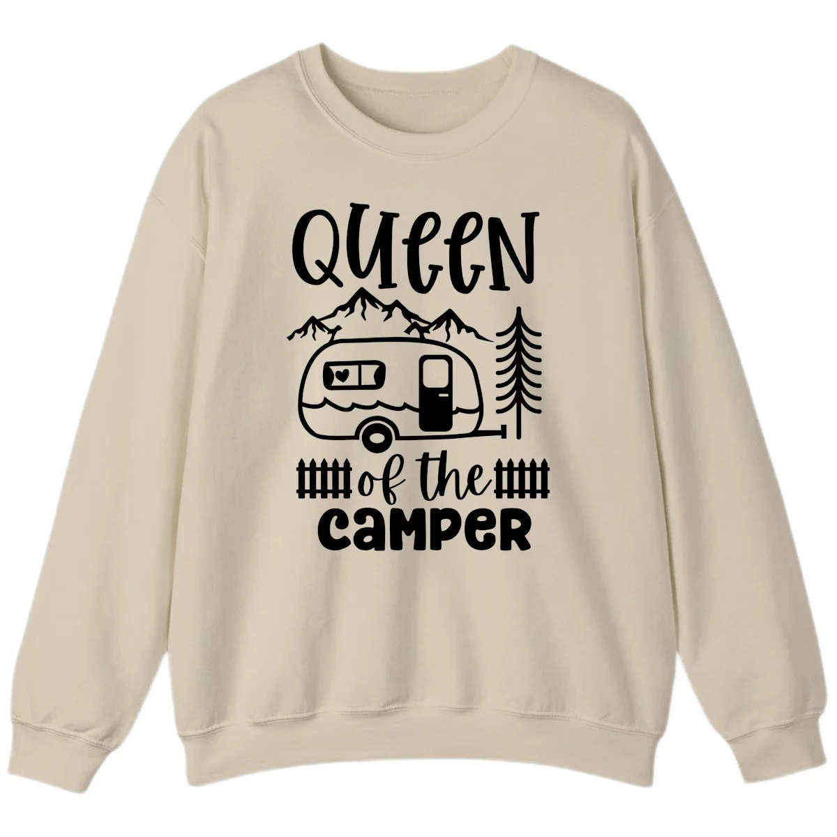 Queen of the Camper design featuring vintage trailer, mountains, and evergreen trees with bold text in Sand