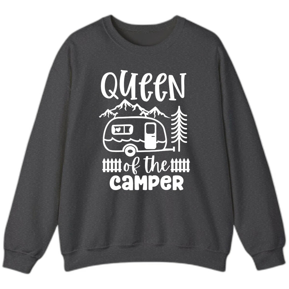 Queen of the Camper design featuring vintage trailer, mountains, and evergreen trees with bold text in Dark Heather