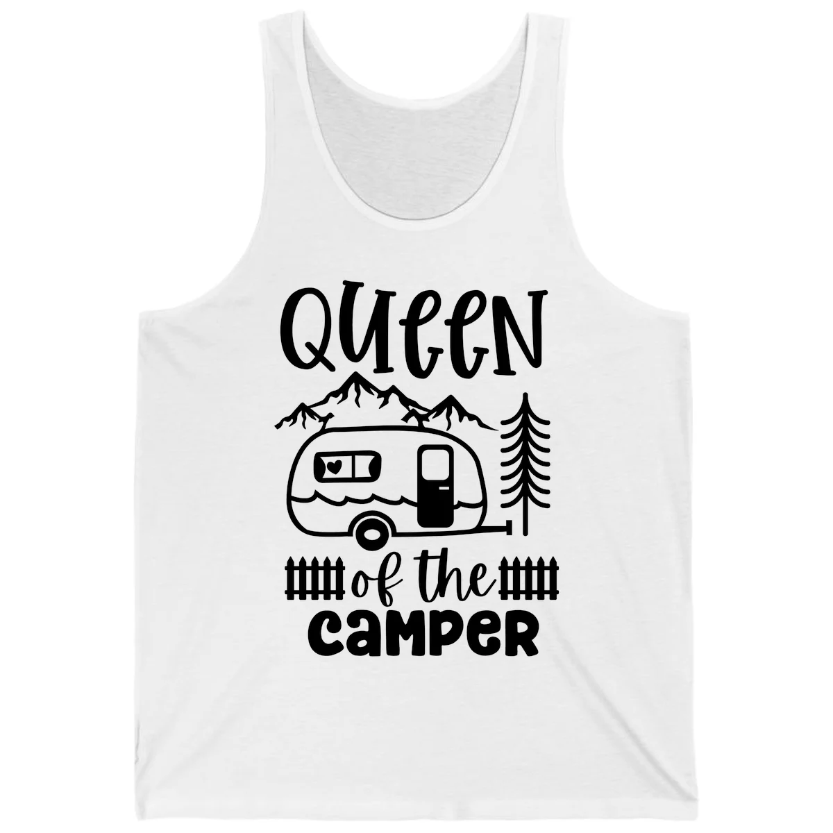 Queen of the Camper design featuring vintage trailer, mountains, and evergreen trees with bold text in White
