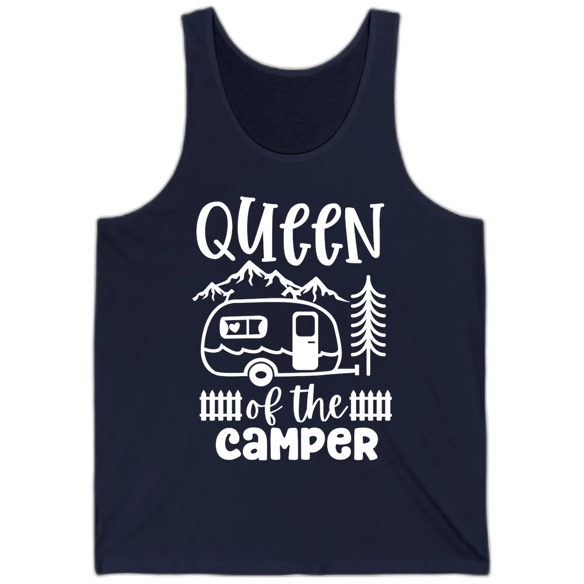 Queen of the Camper design featuring vintage trailer, mountains, and evergreen trees with bold text in Navy