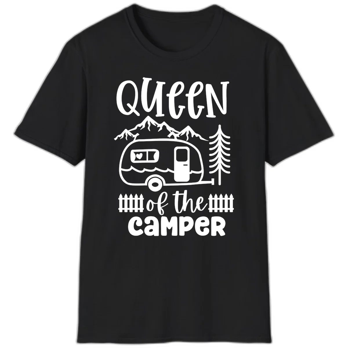 Queen of the Camper design featuring vintage trailer, mountains, and evergreen trees with bold text in Black