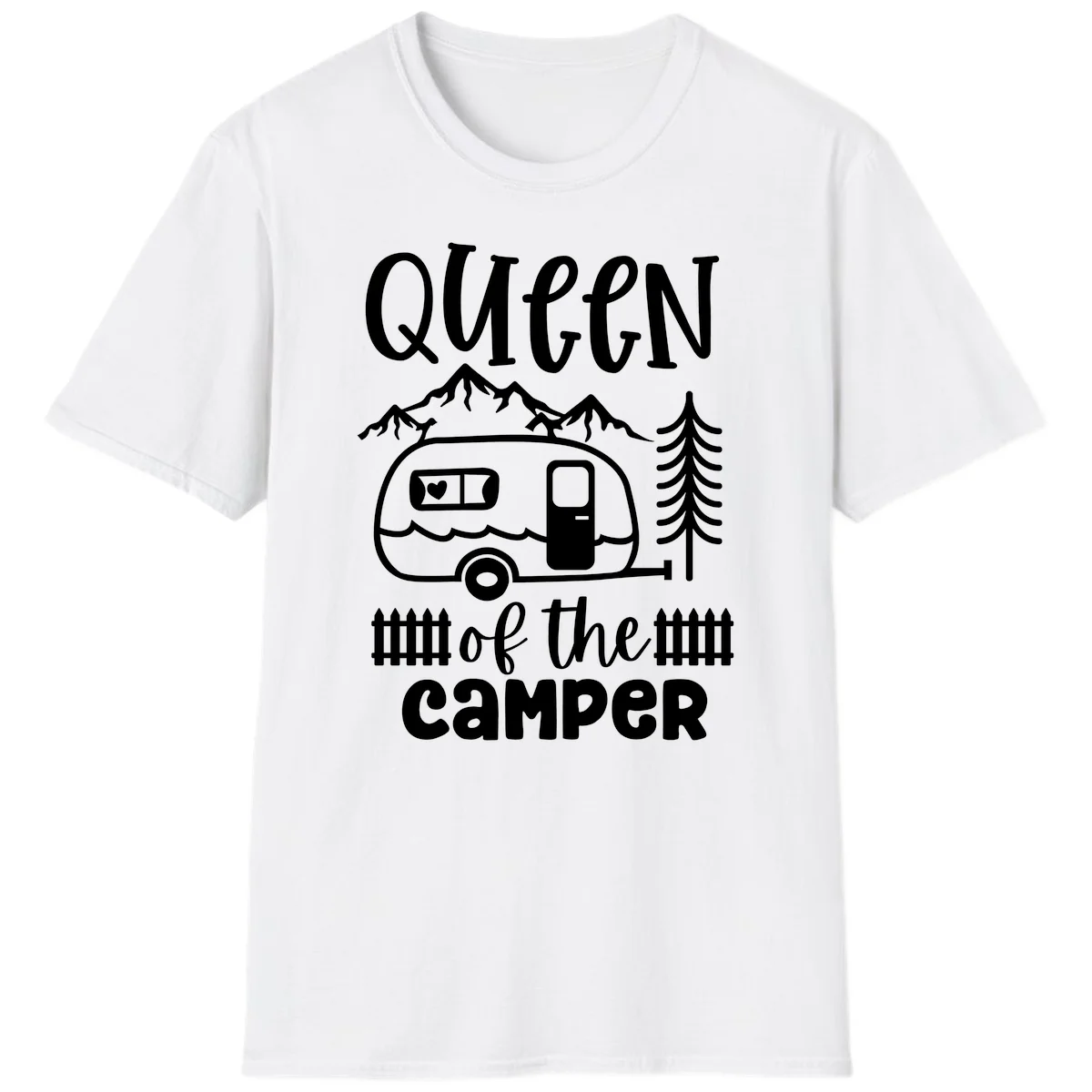Queen of the Camper design featuring vintage trailer, mountains, and evergreen trees with bold text in White