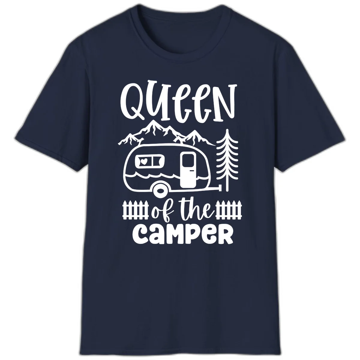Queen of the Camper design featuring vintage trailer, mountains, and evergreen trees with bold text in Navy
