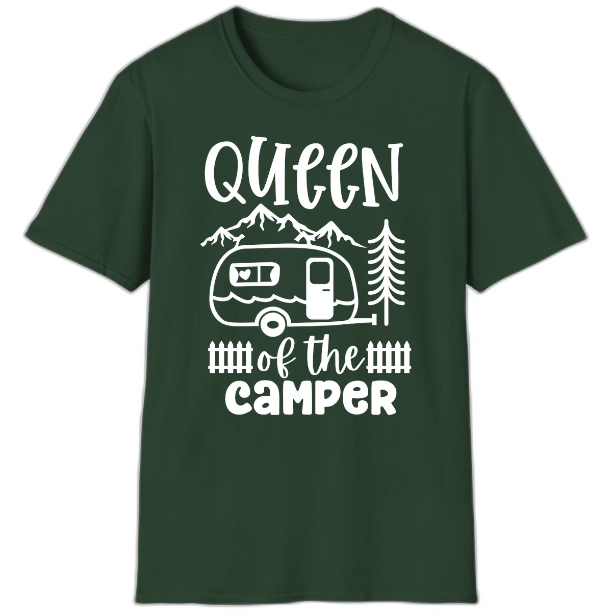 Queen of the Camper design featuring vintage trailer, mountains, and evergreen trees with bold text in Forest Green