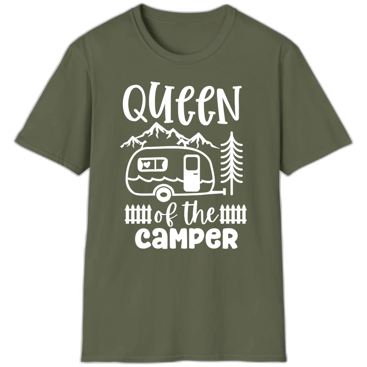Queen of the Camper design featuring vintage trailer, mountains, and evergreen trees with bold text in Military Green