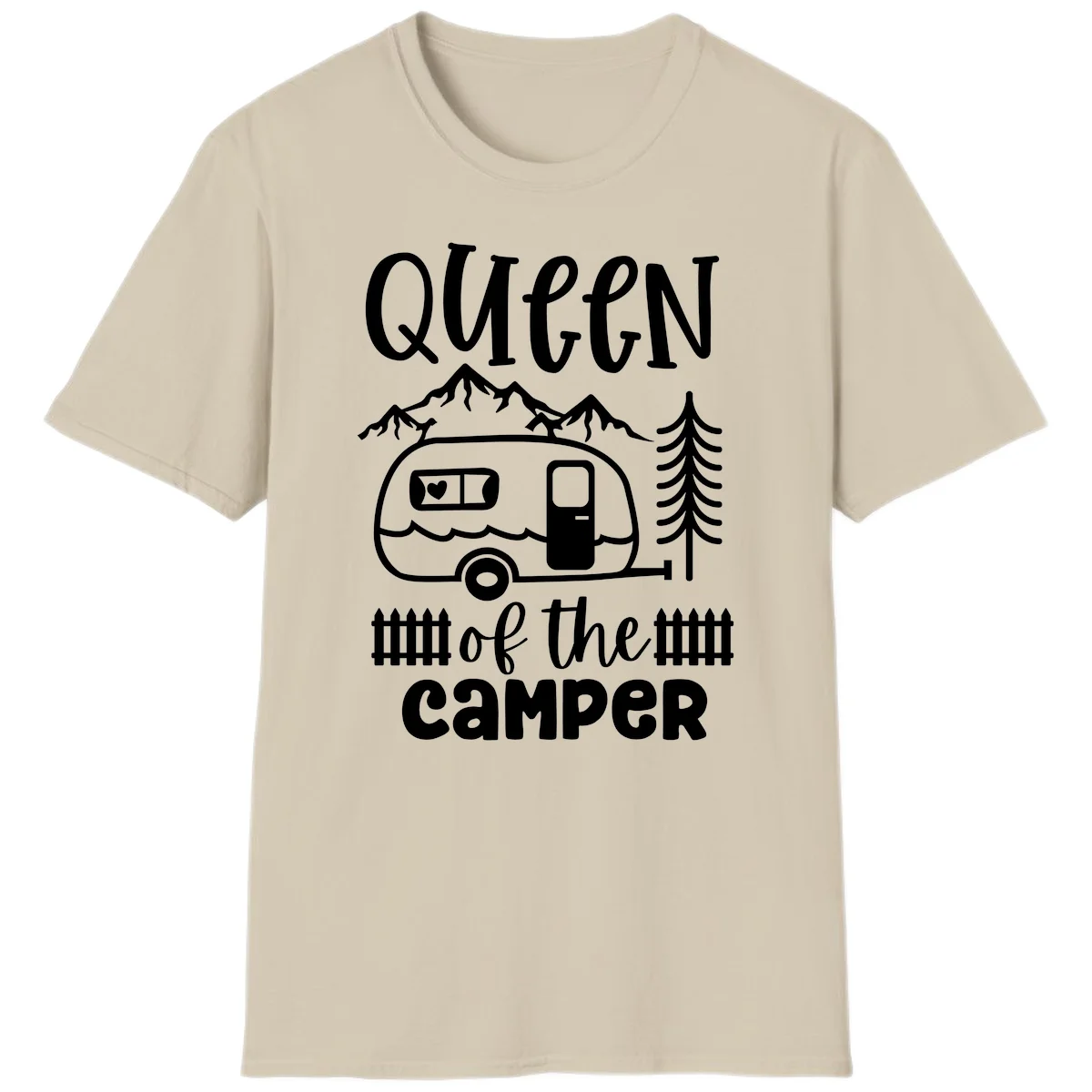 Queen of the Camper design featuring vintage trailer, mountains, and evergreen trees with bold text in Sand