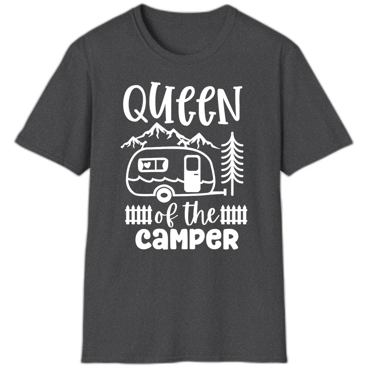 Queen of the Camper design featuring vintage trailer, mountains, and evergreen trees with bold text in Dark Heather