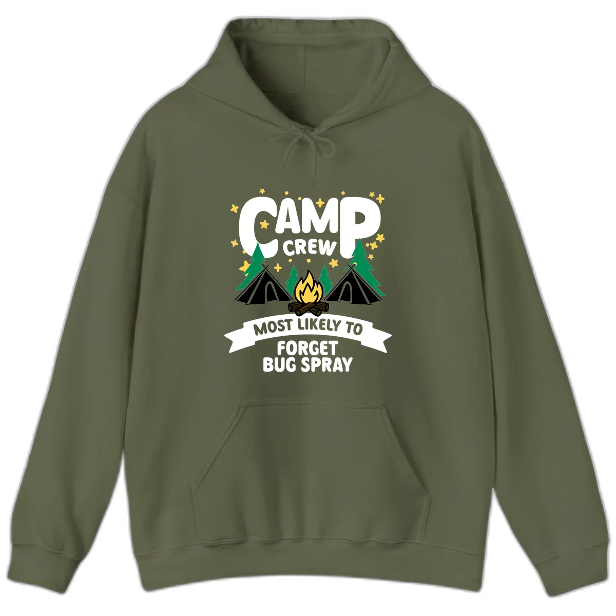 Illustrated camp crew design with tents, campfire, and pine trees under stars, text reads 'Camp Crew Most Likely To Forget Bug Spray' in Military Green