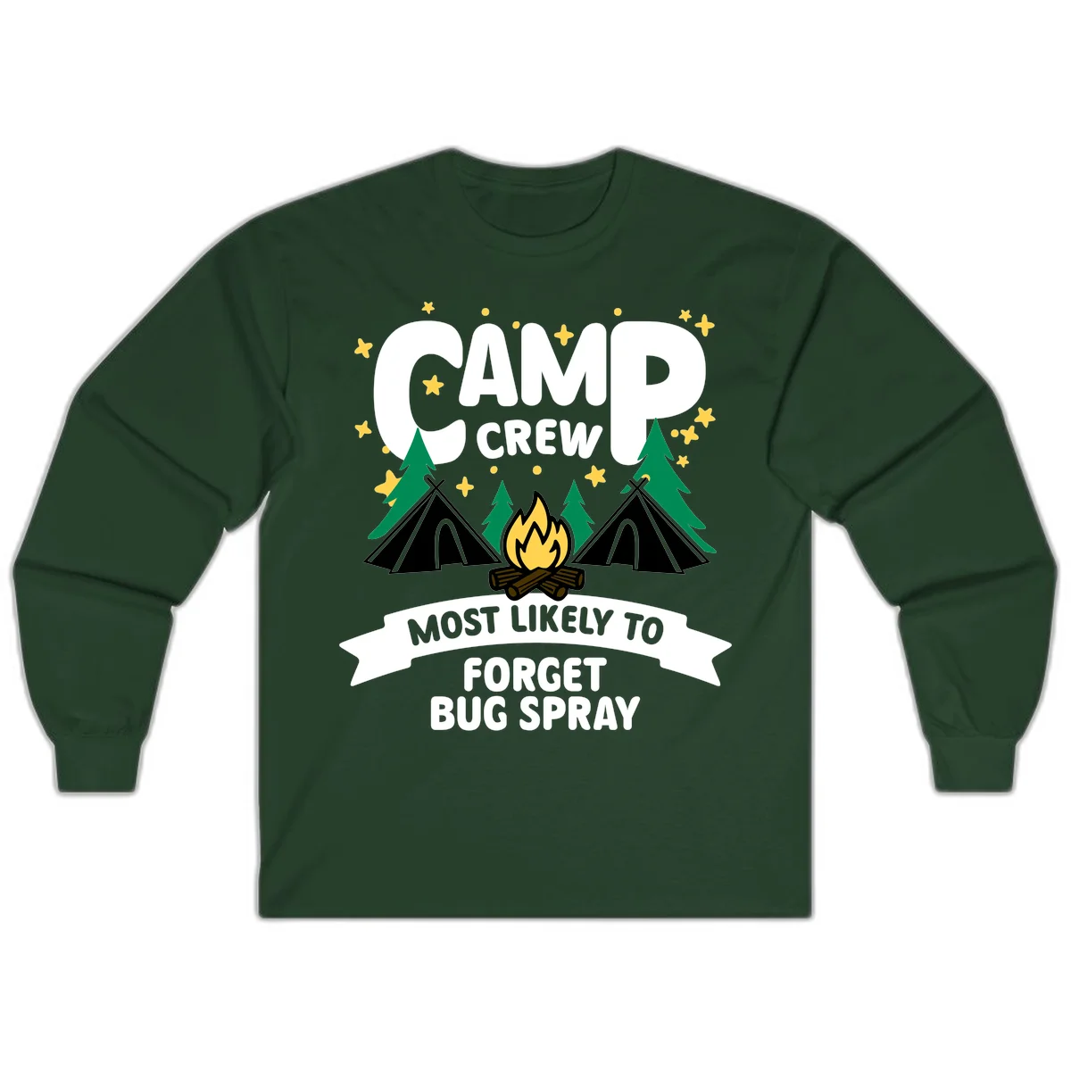 Illustrated camp crew design with tents, campfire, and pine trees under stars, text reads 'Camp Crew Most Likely To Forget Bug Spray' in Forest Green