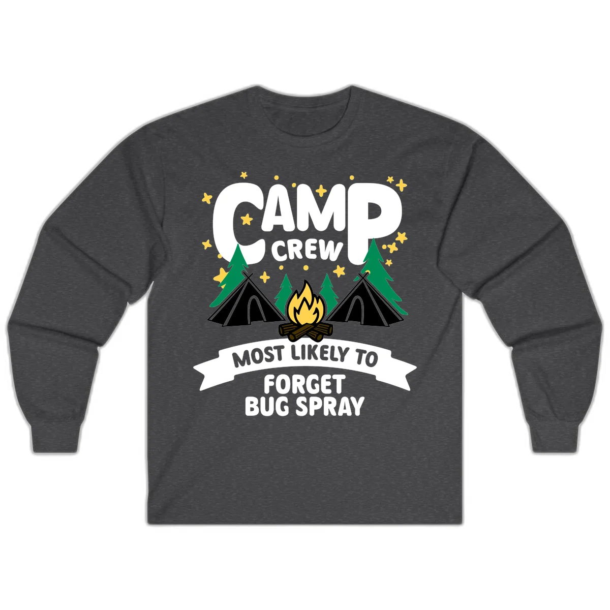 Illustrated camp crew design with tents, campfire, and pine trees under stars, text reads 'Camp Crew Most Likely To Forget Bug Spray' in Dark Heather