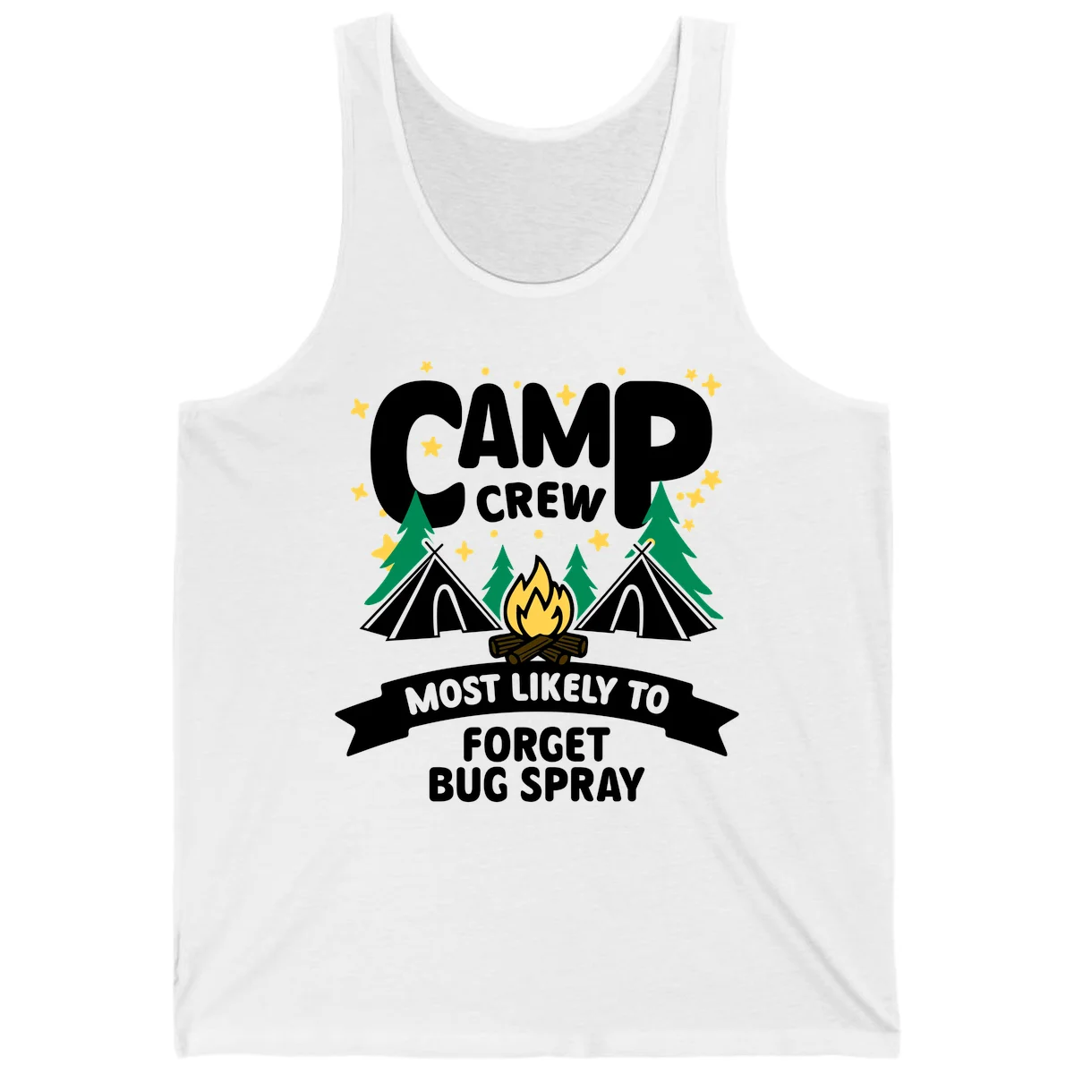 Illustrated camp crew design with tents, campfire, and pine trees under stars, text reads 'Camp Crew Most Likely To Forget Bug Spray' in White