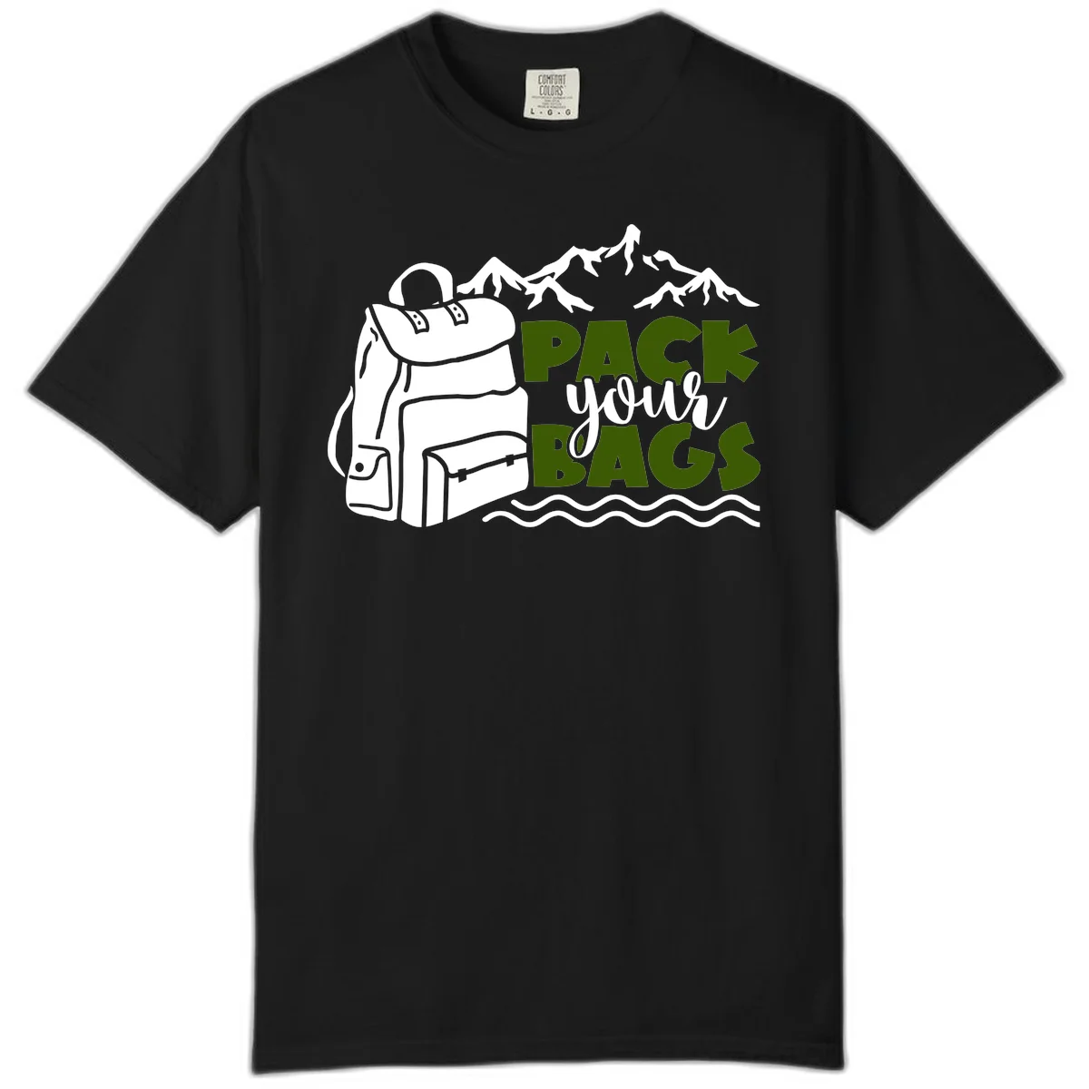 Hand-drawn backpack with snow-capped mountains and waves, green and white text reading 'Pack Your Bags' - camping adventure illustration in Black