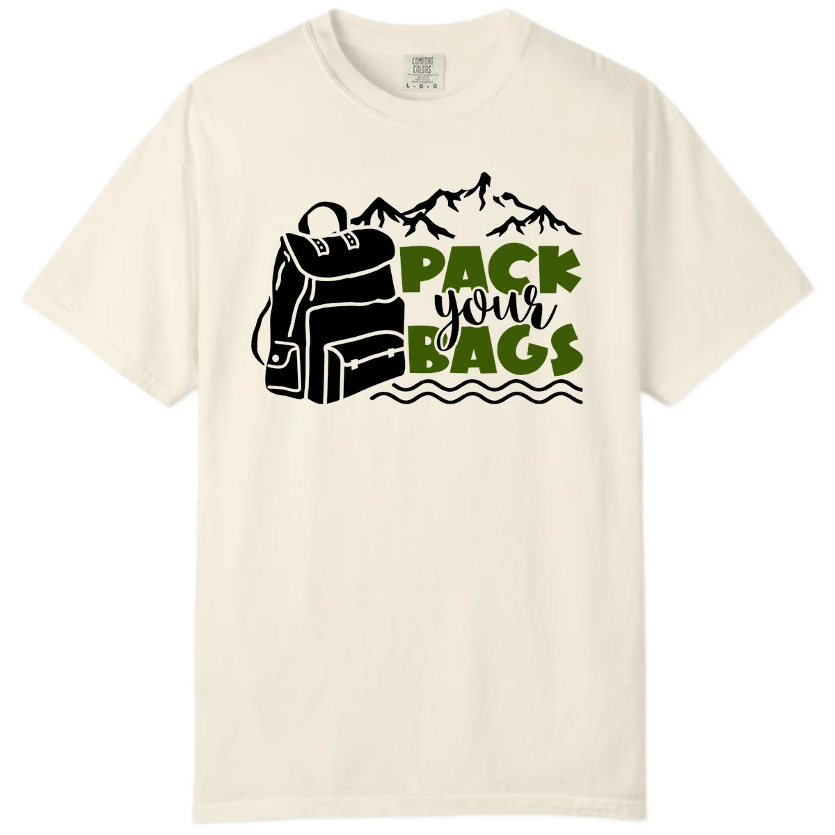 Hand-drawn backpack with snow-capped mountains and waves, green and white text reading 'Pack Your Bags' - camping adventure illustration in Ivory