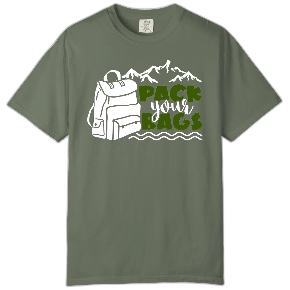 Hand-drawn backpack with snow-capped mountains and waves, green and white text reading 'Pack Your Bags' - camping adventure illustration in Moss