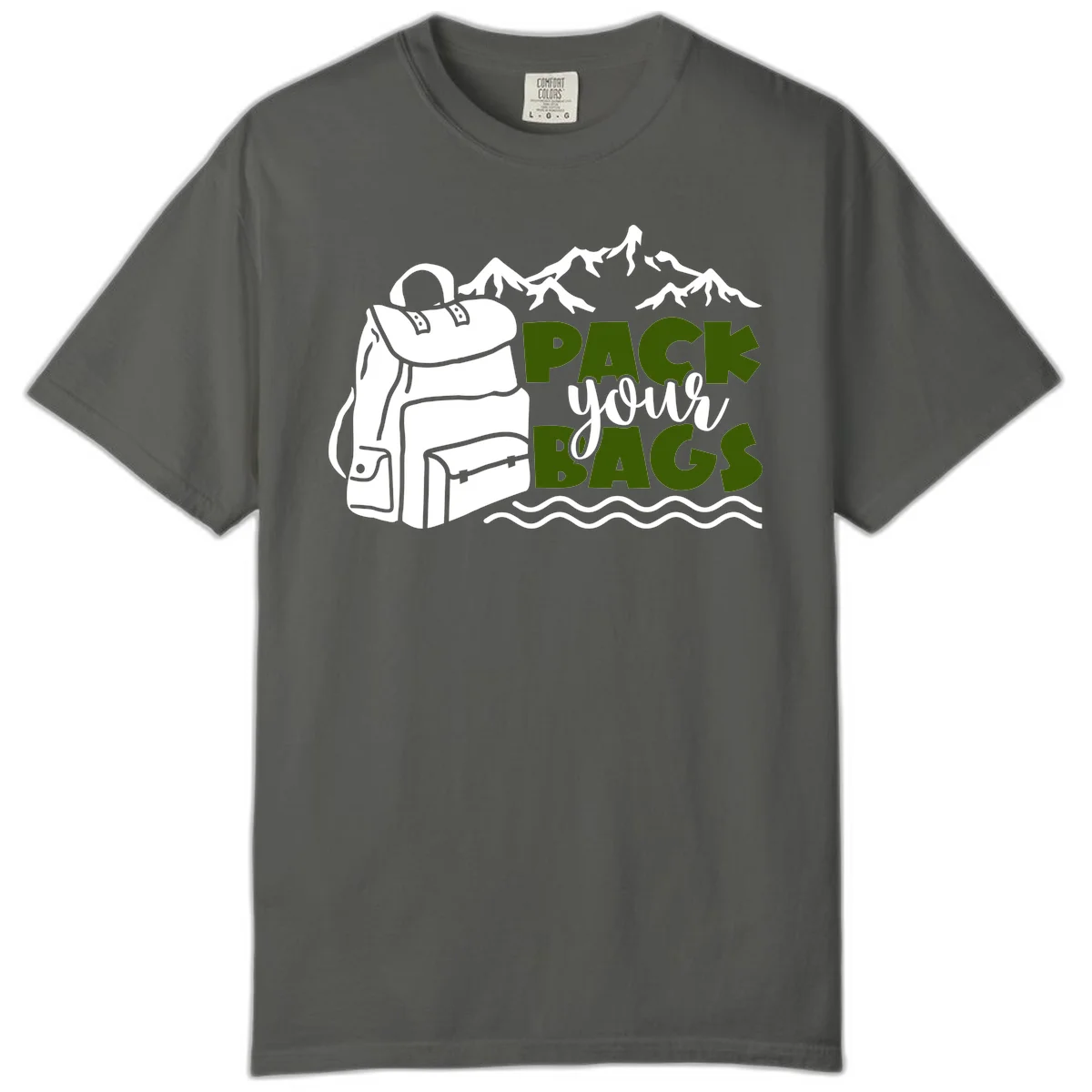 Hand-drawn backpack with snow-capped mountains and waves, green and white text reading 'Pack Your Bags' - camping adventure illustration in Pepper