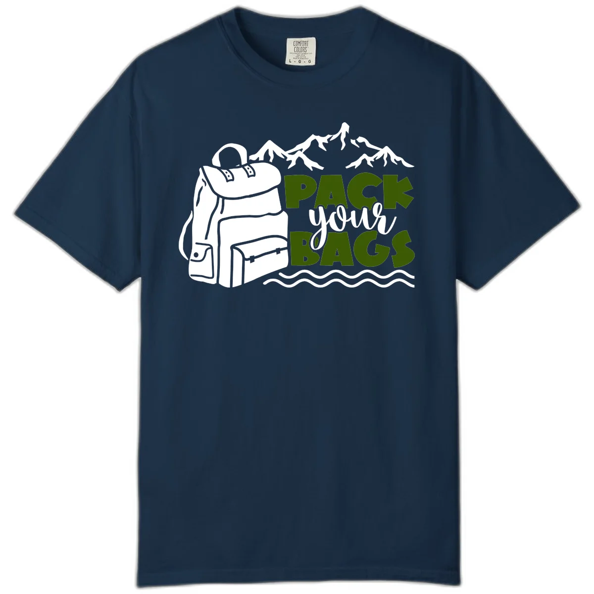 Hand-drawn backpack with snow-capped mountains and waves, green and white text reading 'Pack Your Bags' - camping adventure illustration in True Navy