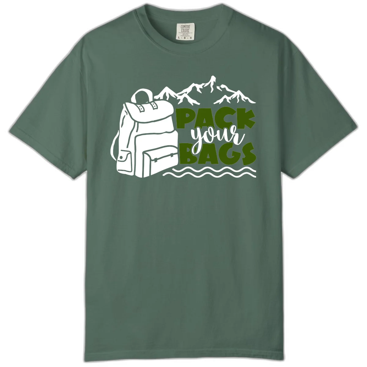 Hand-drawn backpack with snow-capped mountains and waves, green and white text reading 'Pack Your Bags' - camping adventure illustration in Blue Spruce