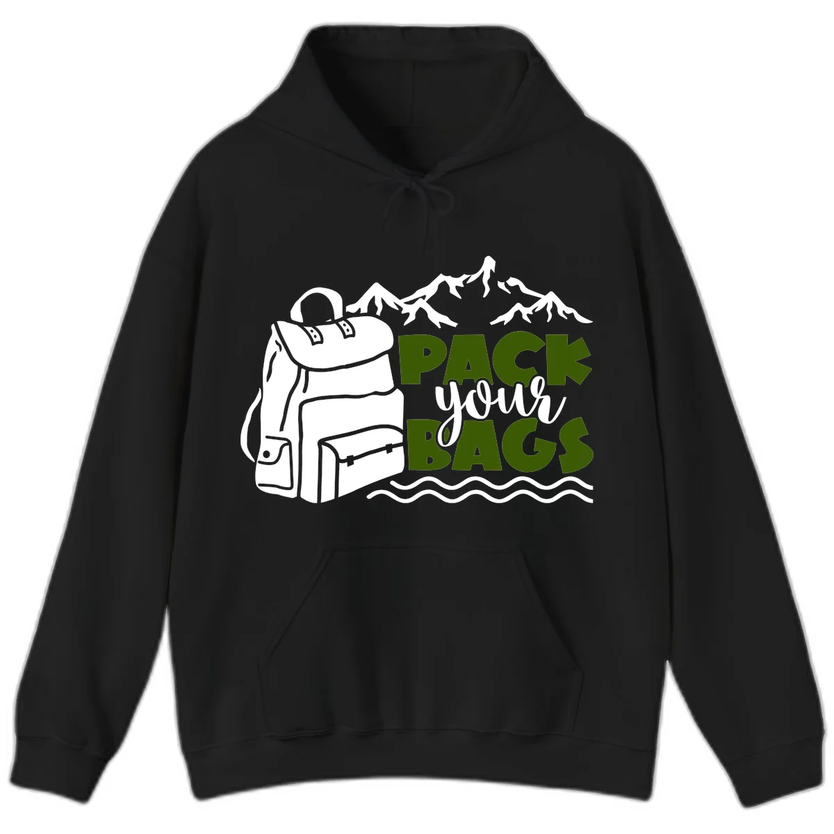 Hand-drawn backpack with snow-capped mountains and waves, green and white text reading 'Pack Your Bags' - camping adventure illustration in Black
