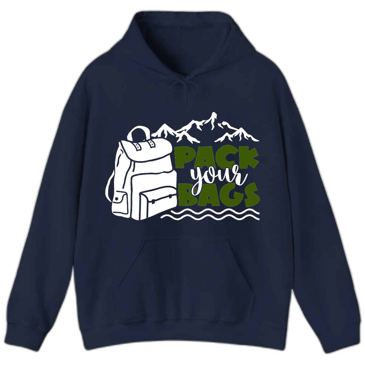 Hand-drawn backpack with snow-capped mountains and waves, green and white text reading 'Pack Your Bags' - camping adventure illustration in Navy