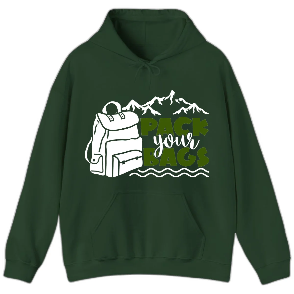 Hand-drawn backpack with snow-capped mountains and waves, green and white text reading 'Pack Your Bags' - camping adventure illustration in Forest Green