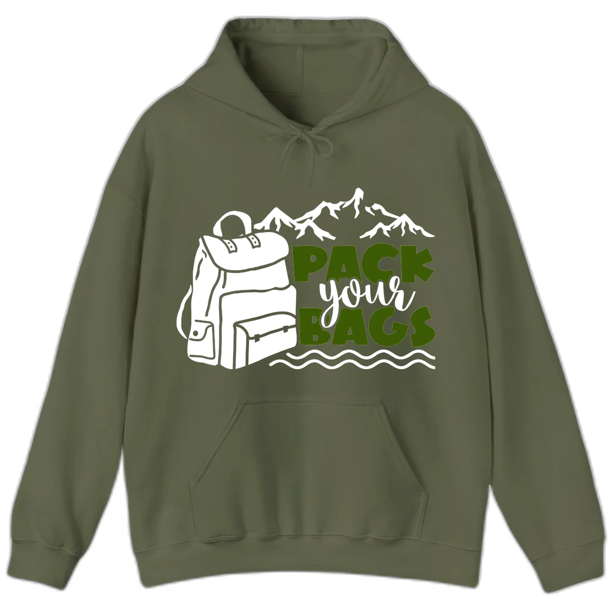 Hand-drawn backpack with snow-capped mountains and waves, green and white text reading 'Pack Your Bags' - camping adventure illustration in Military Green