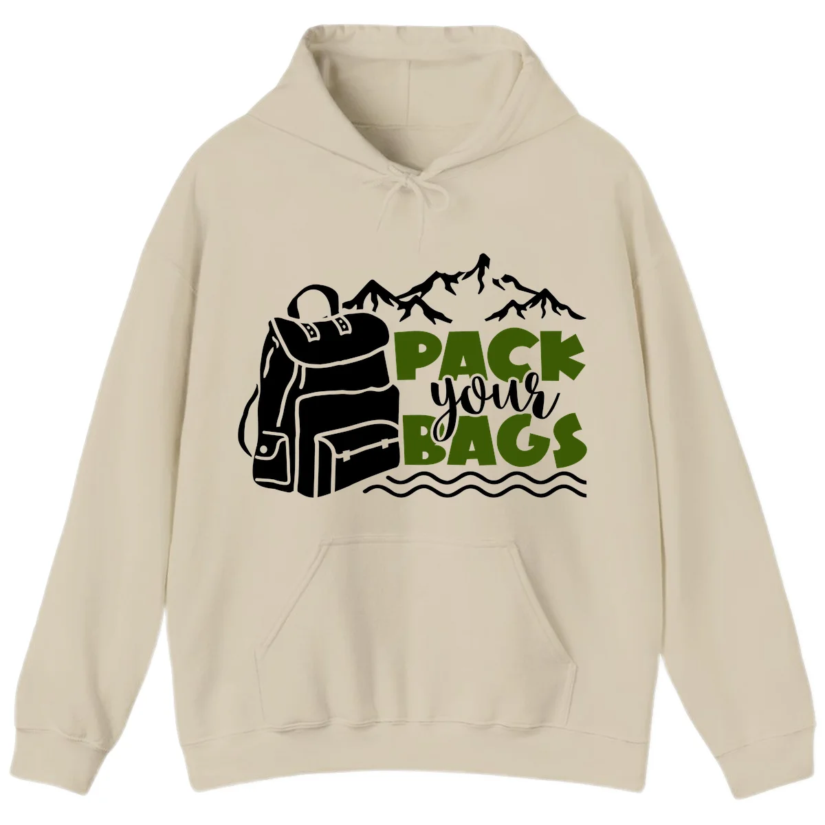Hand-drawn backpack with snow-capped mountains and waves, green and white text reading 'Pack Your Bags' - camping adventure illustration in Sand