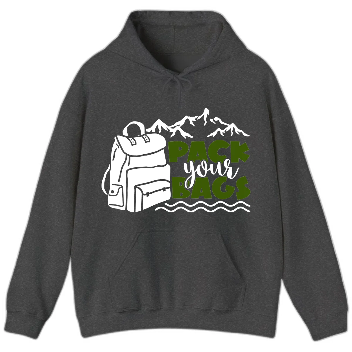 Hand-drawn backpack with snow-capped mountains and waves, green and white text reading 'Pack Your Bags' - camping adventure illustration in Dark Heather