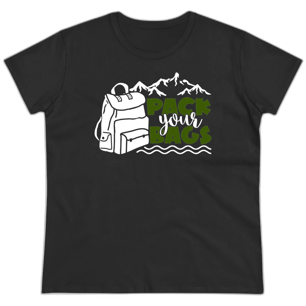 Hand-drawn backpack with snow-capped mountains and waves, green and white text reading 'Pack Your Bags' - camping adventure illustration in Black