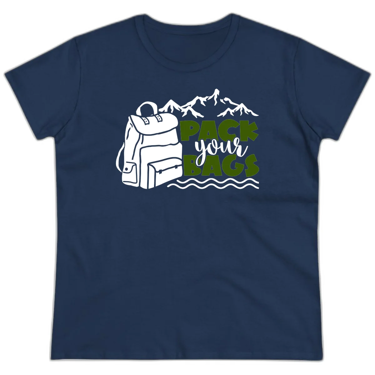 Hand-drawn backpack with snow-capped mountains and waves, green and white text reading 'Pack Your Bags' - camping adventure illustration in Navy